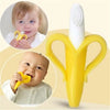 A yellow banana-shaped silicone baby teether and training toothbrush shown alongside a baby using the teether.