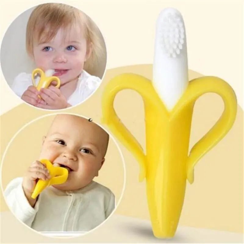 A yellow banana-shaped silicone baby teether and training toothbrush shown alongside a baby using the teether.
