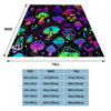 A colorful mushroom print flannel throw blanket displayed in a triangular shape.