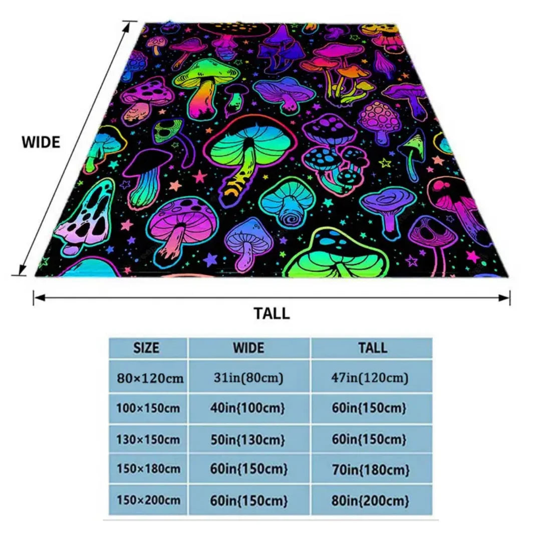 A colorful mushroom print flannel throw blanket displayed in a triangular shape.