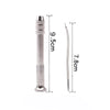 A silver leather sewing awl set with replaceable needles shown in a vertical orientation.
