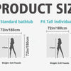 Product size comparison chart showing dimensions for shower stalls, bathtubs, and various individuals.