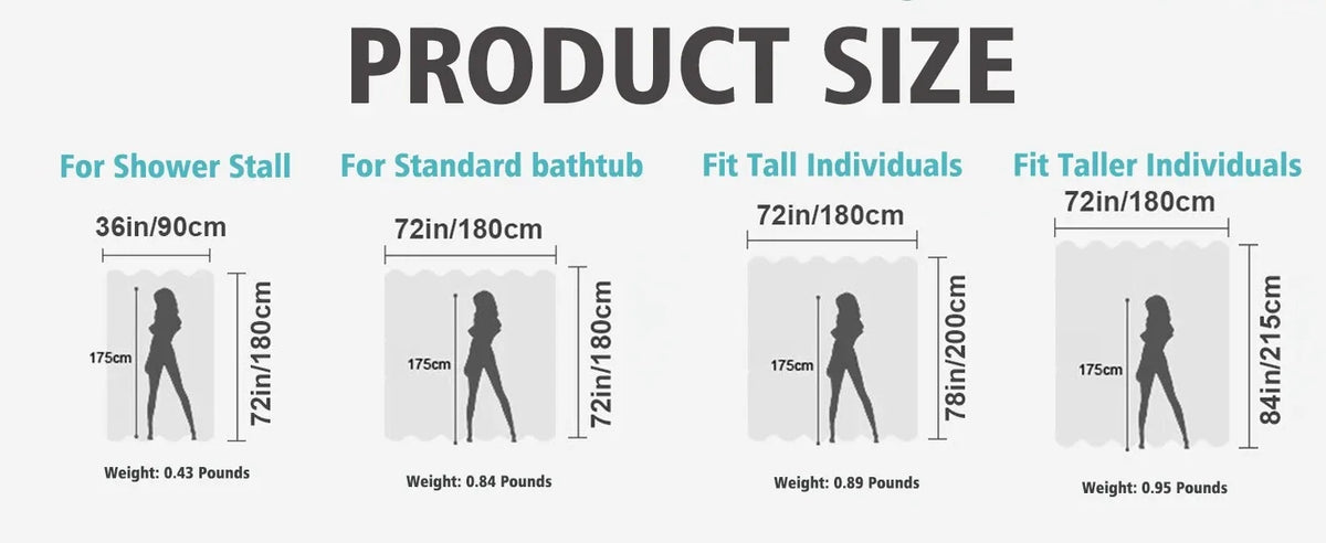 Product size comparison chart showing dimensions for shower stalls, bathtubs, and various individuals.