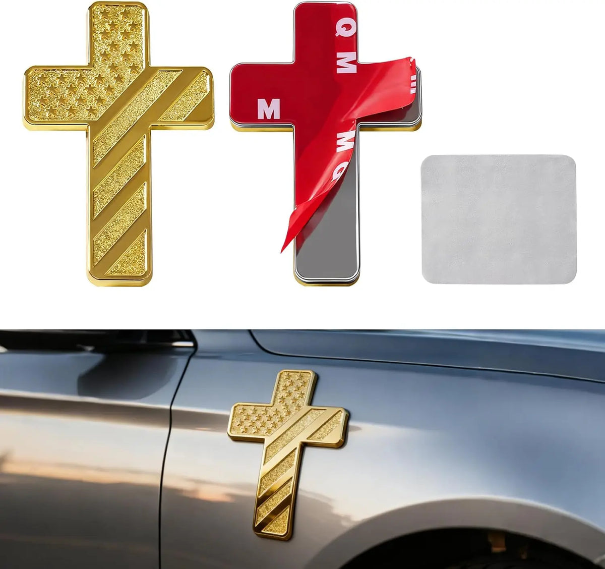 Three 3D USA flag cross emblems in gold, red, and silver mounted on a car surface.