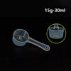 A clear plastic measuring cup with a long spout is shown next to an inset showing volume markings.