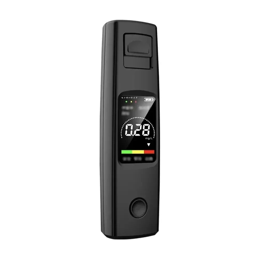 A black portable digital breathalyzer device with a display showing 0.28