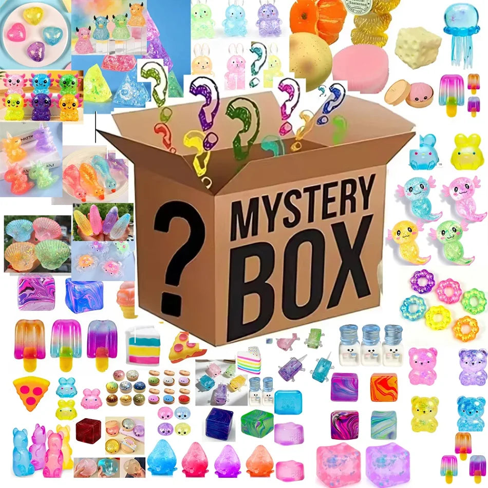 Eine Box mit bunten, quetschbaren Stressbällen und weichen Spielzeugen zur Angstlinderung