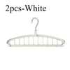 A white foldable multi-hole space-saving clothes hanger with a curved hook.