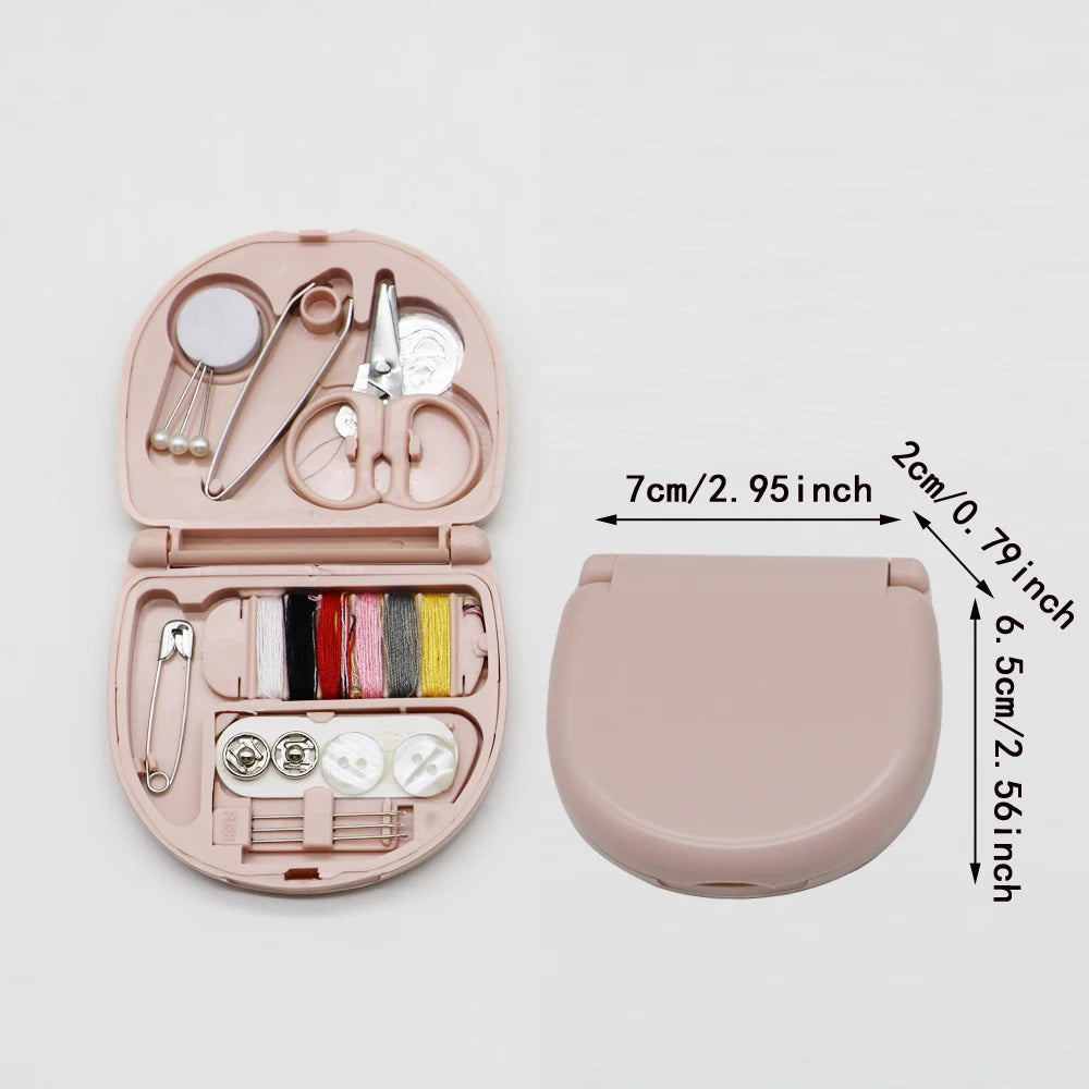 A pink portable mini sewing kit with a lid showing various needles and tools, next to its closed form.