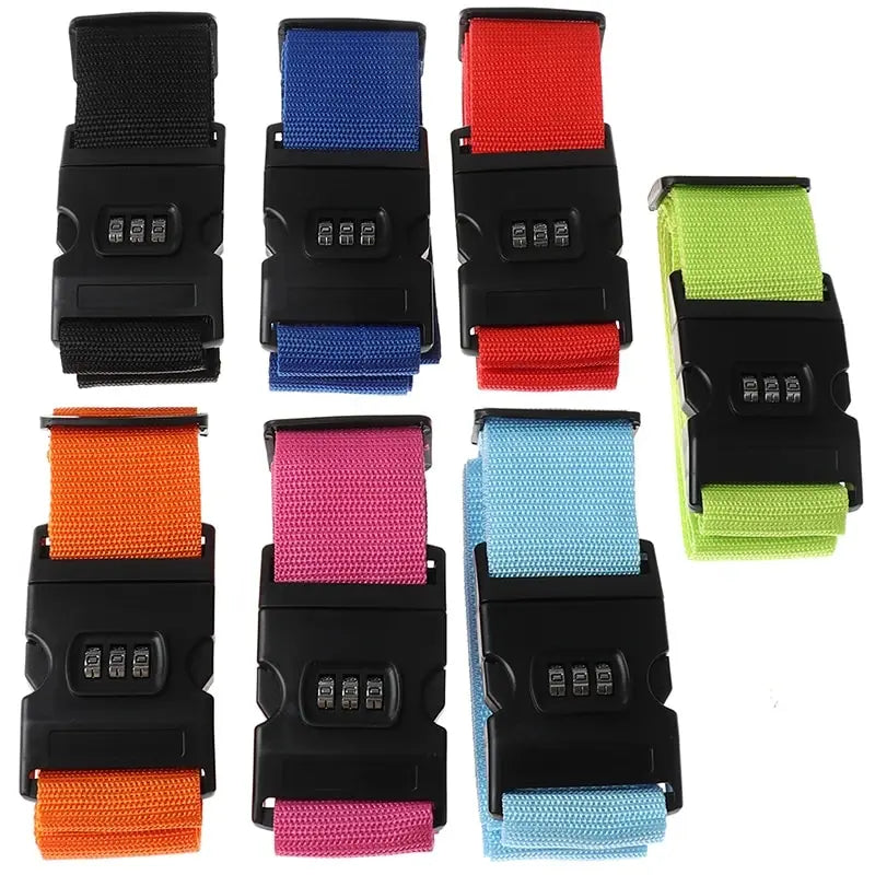 A set of black luggage straps in various colors including blue, red, orange, and lime green with combination locks.