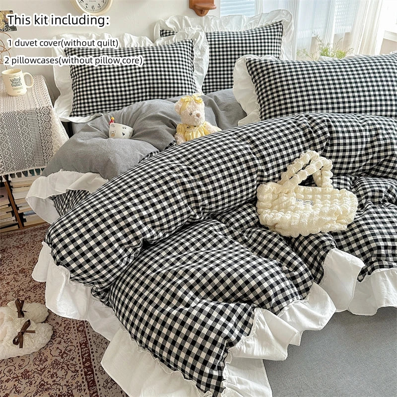 Red and Black Plaid Duvet Cover Set with Lace Embroidery