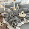 Red and Black Plaid Duvet Cover Set with Lace Embroidery