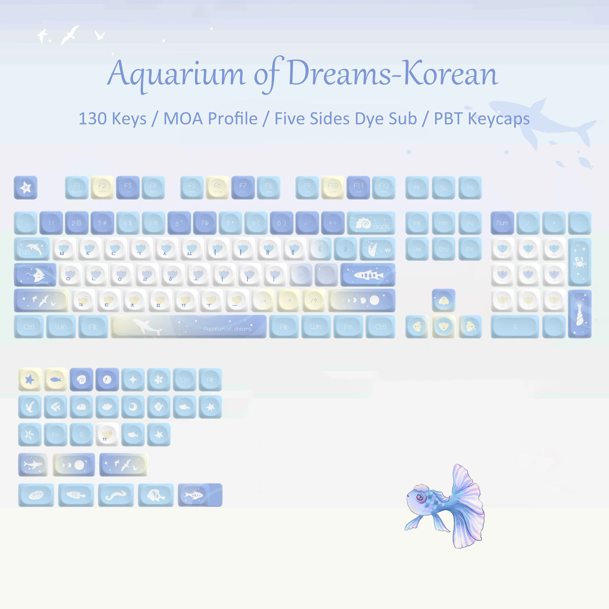 A collection of light blue and white PBT keycaps for a mechanical keyboard, featuring an aquarium theme.