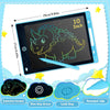 A digital LCD writing tablet showing a dinosaur drawing on a black screen with a yellow stylus and surrounding features like 