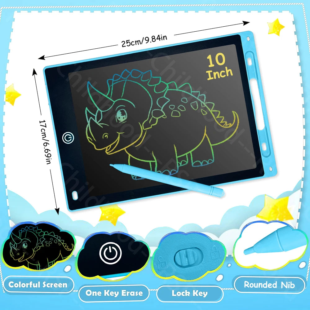 A digital LCD writing tablet showing a dinosaur drawing on a black screen with a yellow stylus and surrounding features like 