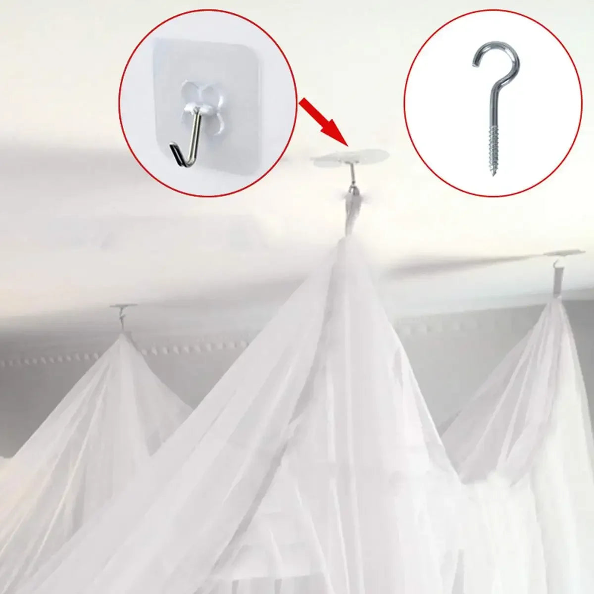 Elegant lace canopy mosquito net hanging from a ceiling hook for a bed