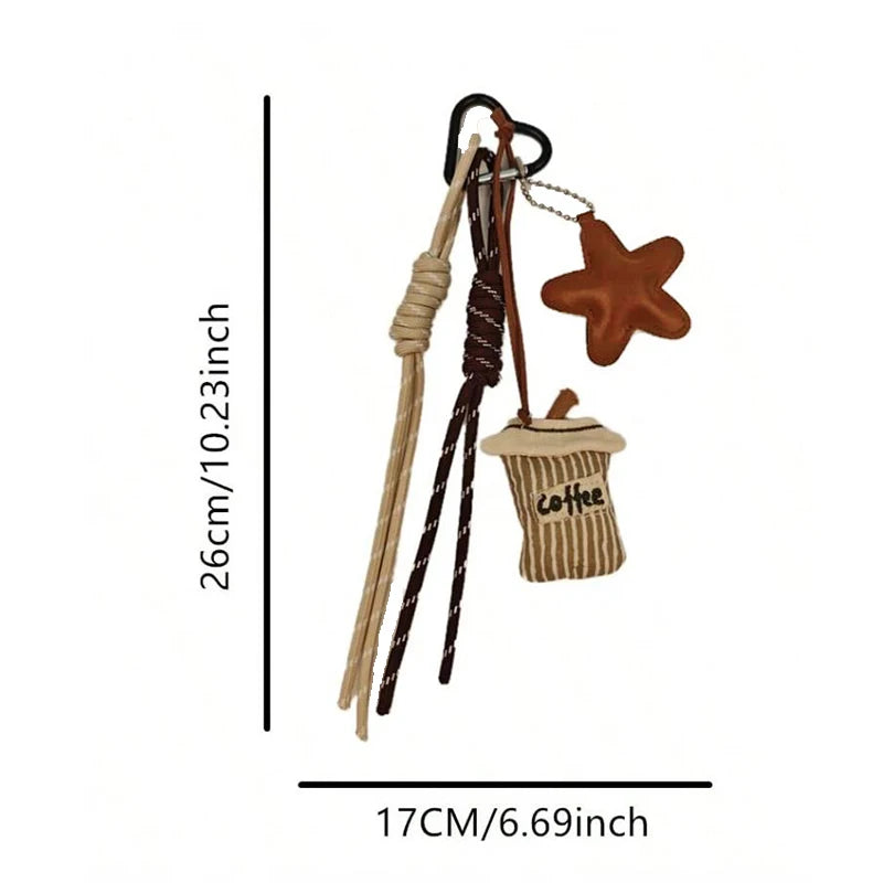 Kawaii Cartoon Linen Keychain – Cute Coffee & Bread Design with Leather Heart Pendant