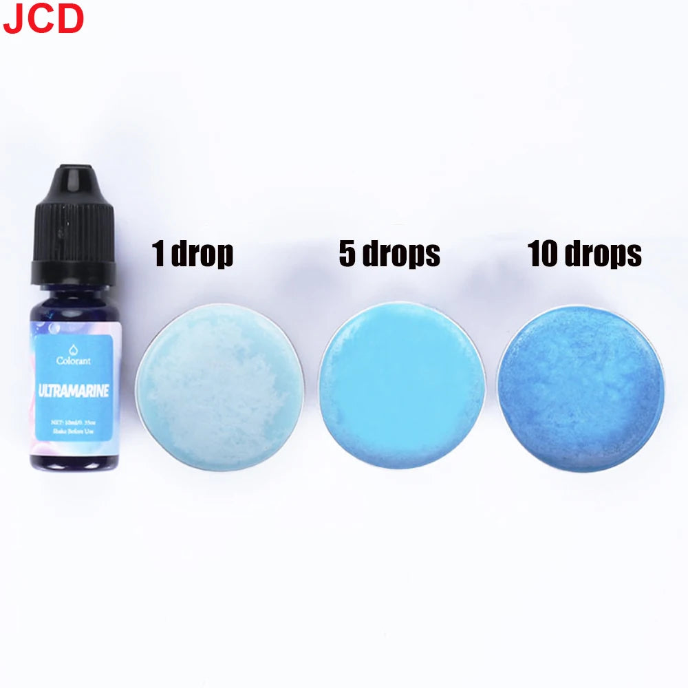 A set of liquid candle dyes in various amounts, including 1 drop, 5 drops, and 10 drops, shown next to the bottle.