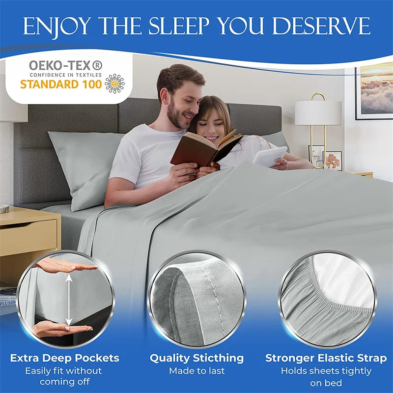 100% Bamboo Bed Sheet Set with Deep Pocket Fitted Sheet