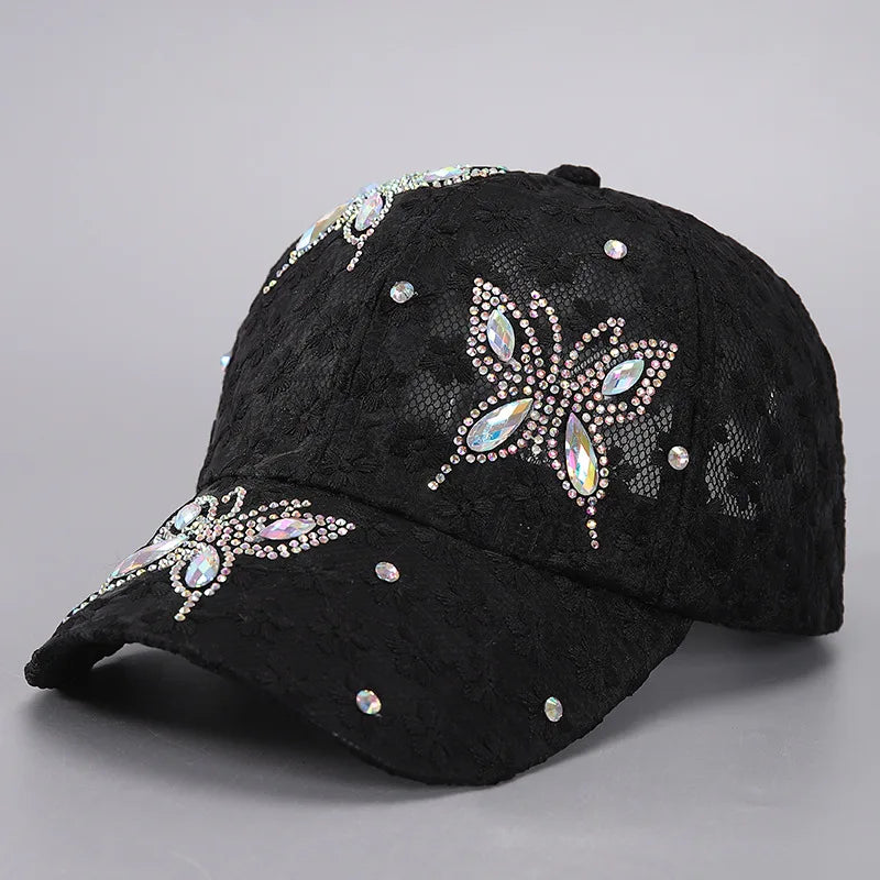 Lace Butterfly Snapback Cap with Rhinestone Accents