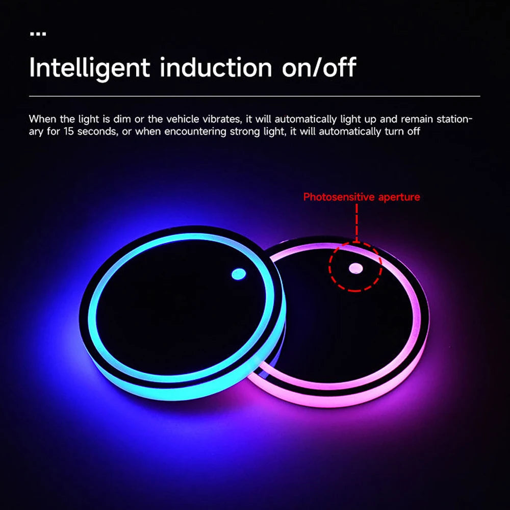 Two circular LED lights with blue and purple illumination demonstrating intelligent induction on/off features.