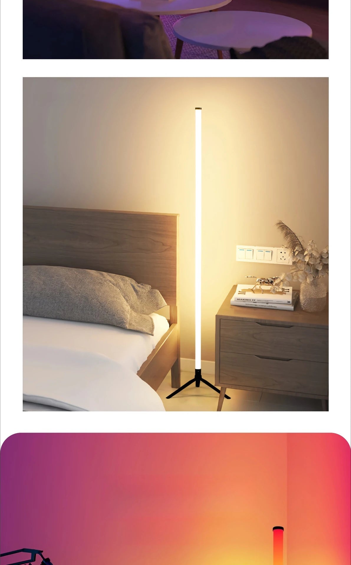 A modern white floor lamp with an RGB LED light illuminates a bedroom setting.