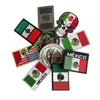 A collection of tactical patches featuring the Mexican flag, an eagle skull design, and various patriotic symbols.