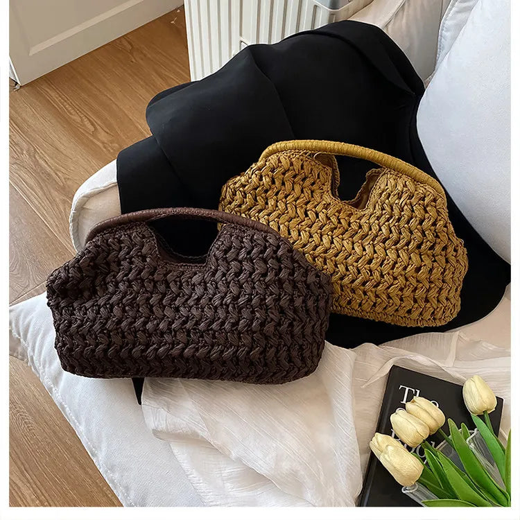 Handwoven Straw Tote Bag with Zipper