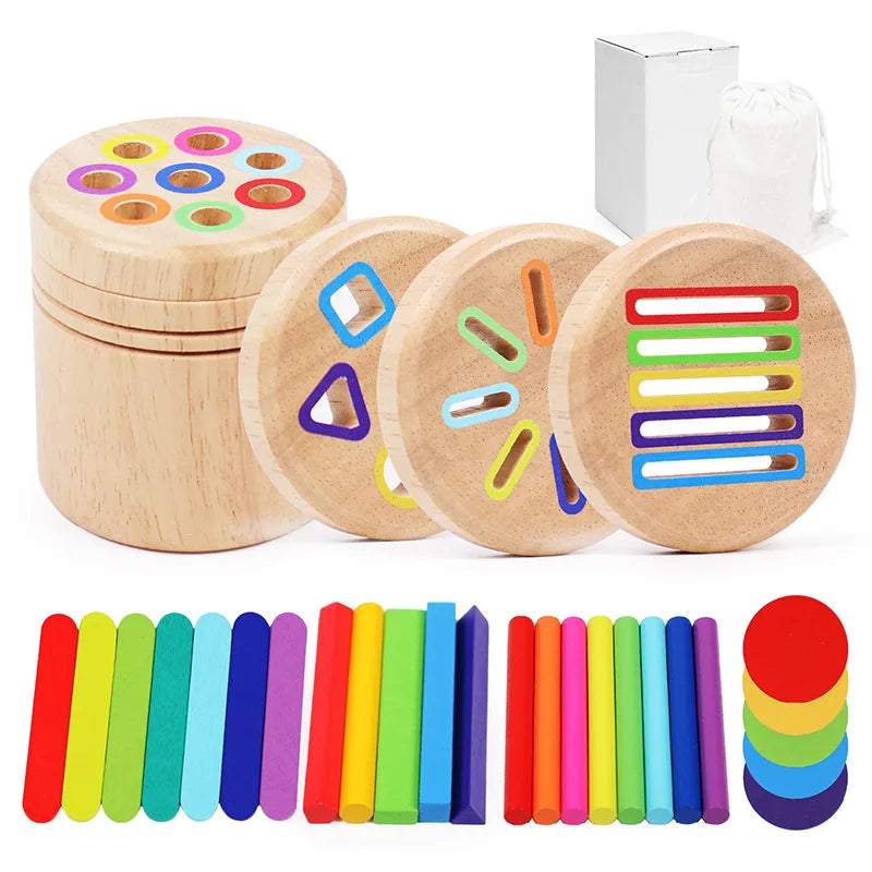 A set of wooden color sorting toys for toddlers featuring various colored discs and stacking rods.
