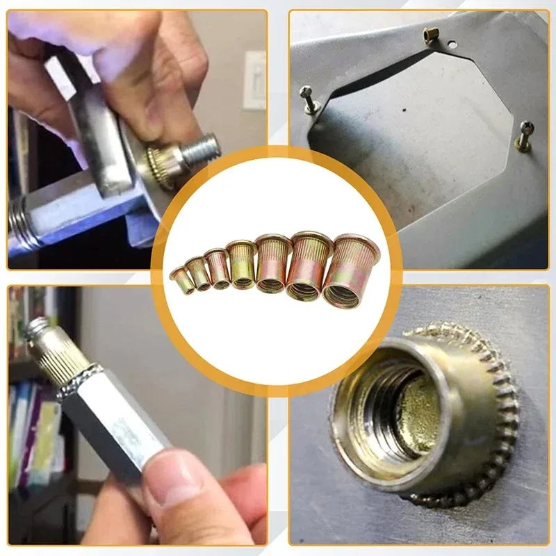 A close-up view of a kit containing various zinc-plated rivet nuts and blind threaded inserts for various sizes.