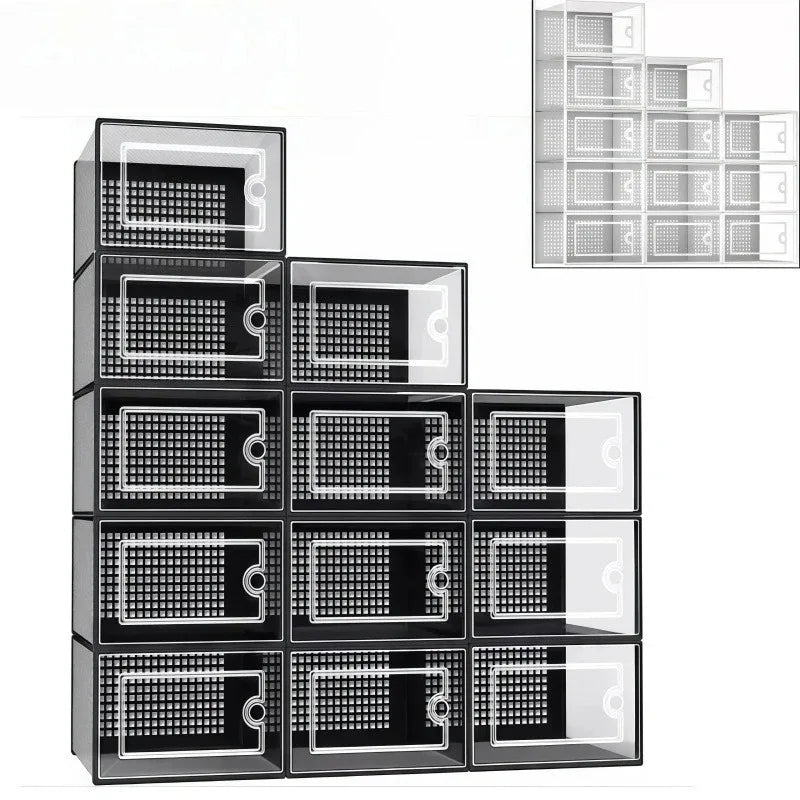 A stack of twelve clear plastic shoe storage boxes with front doors arranged in a grid.