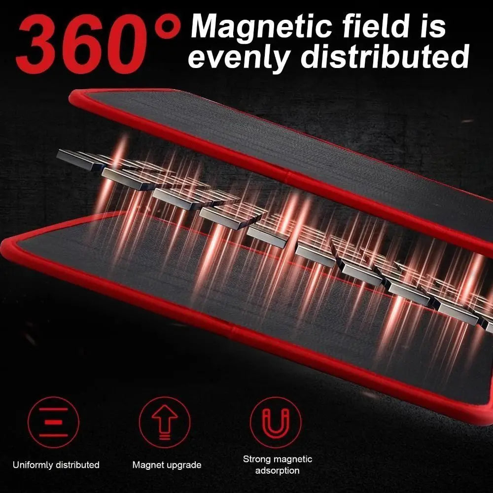 A red and black magnetic tool mat showing evenly distributed magnetic field lines.