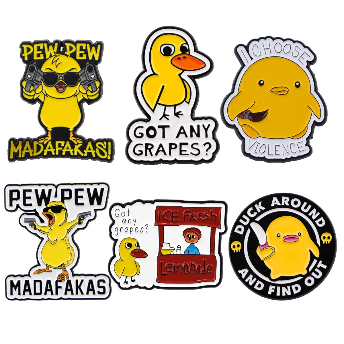 A set of two enamel lapel pins featuring yellow duck characters with various text designs.
