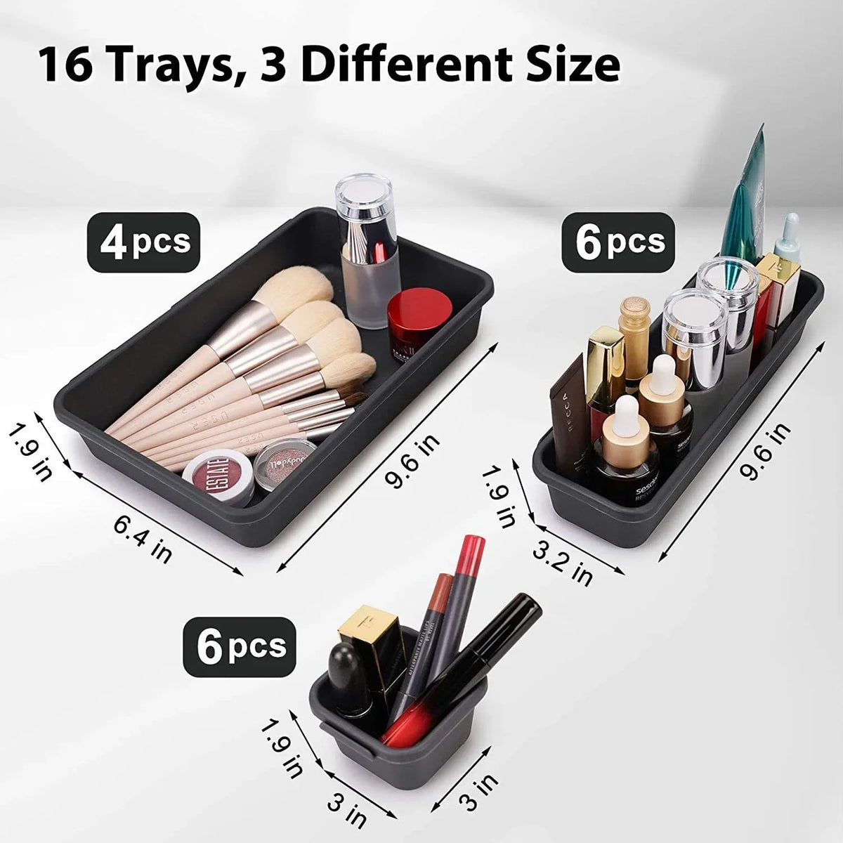 A set of modular drawer organizer trays with interlocking dividers shown in various sizes and quantities.