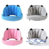 Three car seat head support straps in blue, gray, and pink for sleeping children.