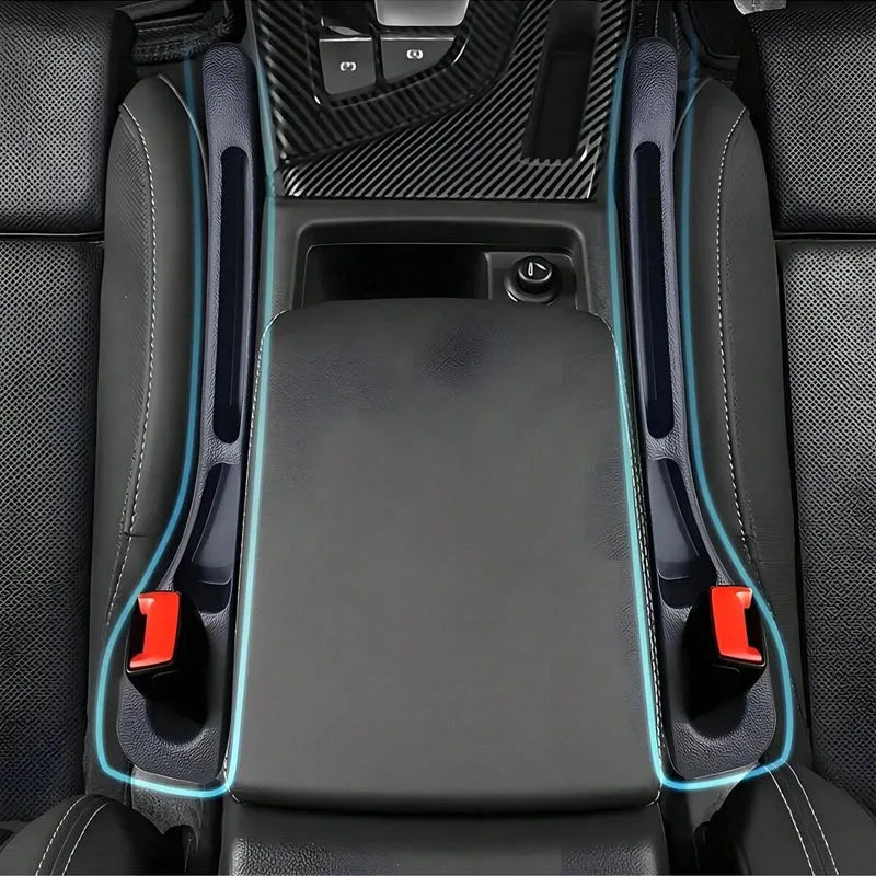 A pair of car seat gap filler organizers with grooves shown in a dark automotive interior.