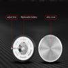 A mini car vent quartz clock with luminous hands shown with adjust time, replaceable battery, and alloy cover components.