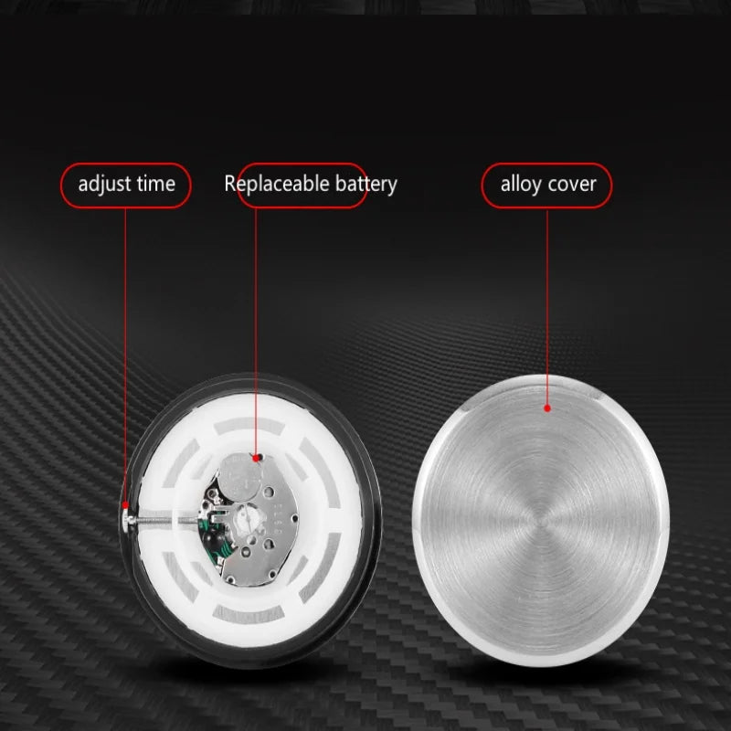 A mini car vent quartz clock with luminous hands shown with adjust time, replaceable battery, and alloy cover components.