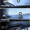 Three views of a magnetic phone mount with 360° rotation and dual vacuum suction on a windshield, dashboard, and backboard of