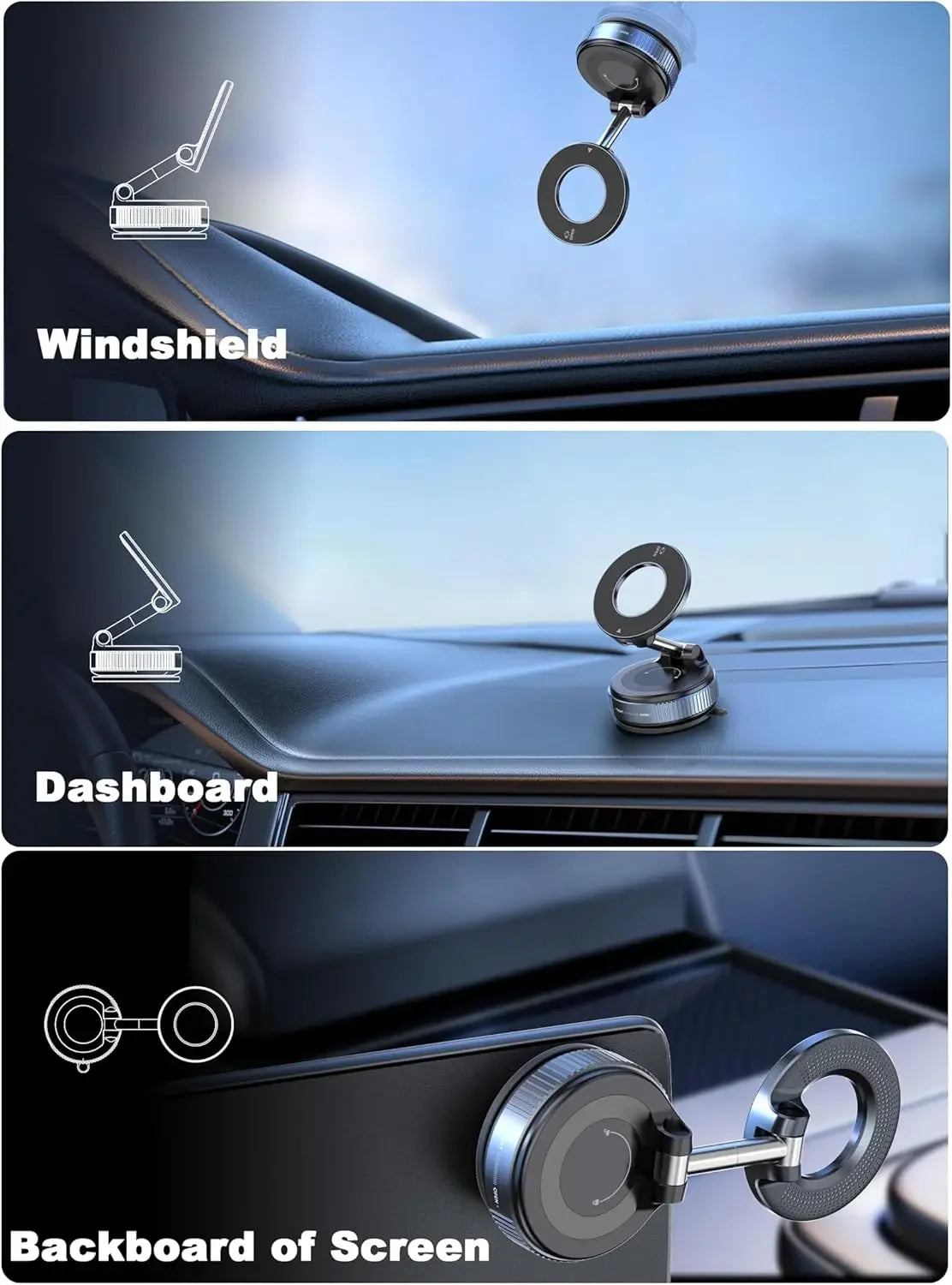 Three views of a magnetic phone mount with 360° rotation and dual vacuum suction on a windshield, dashboard, and backboard of