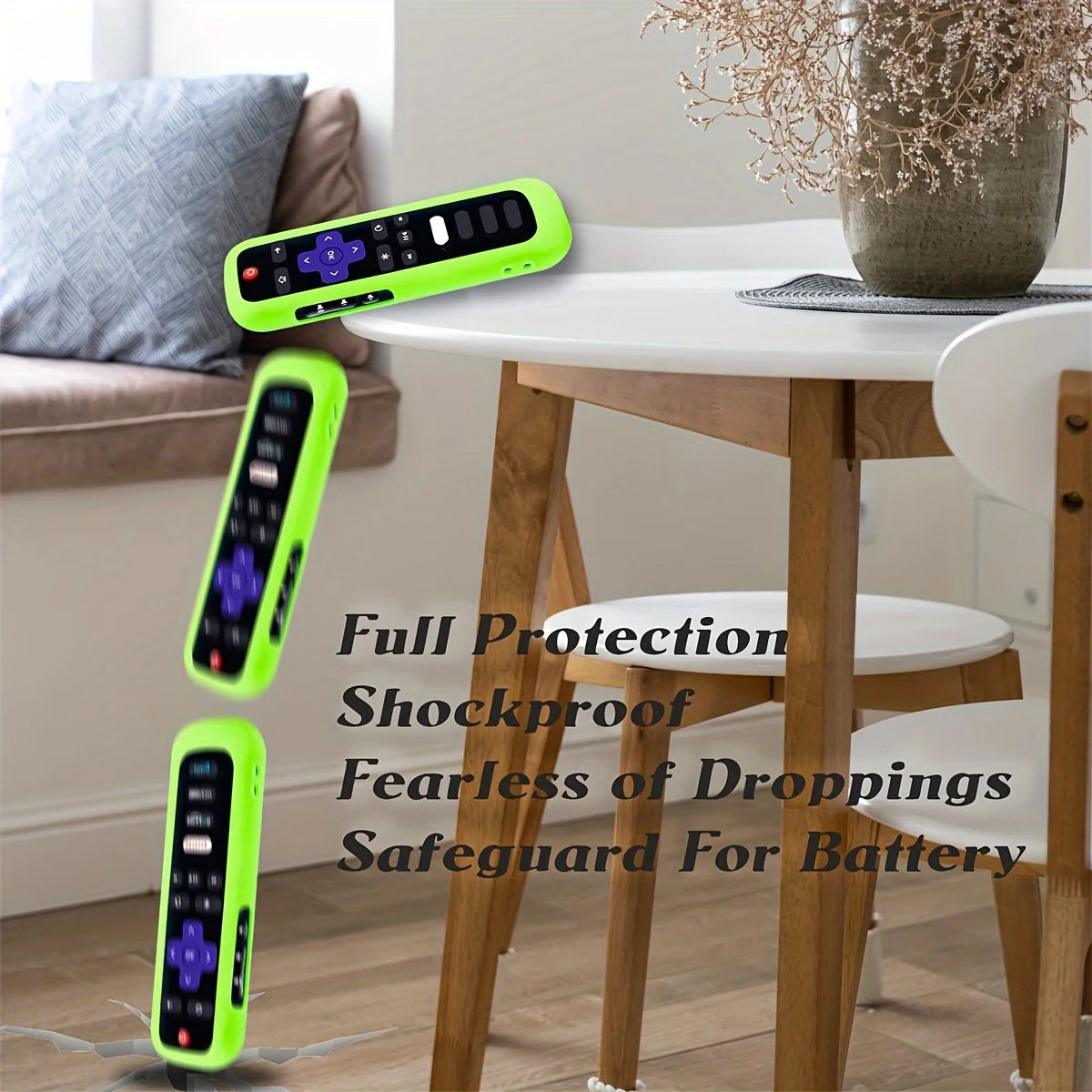 A collection of bright lime green silicone TV remote covers with lanyards displayed on a wooden table.