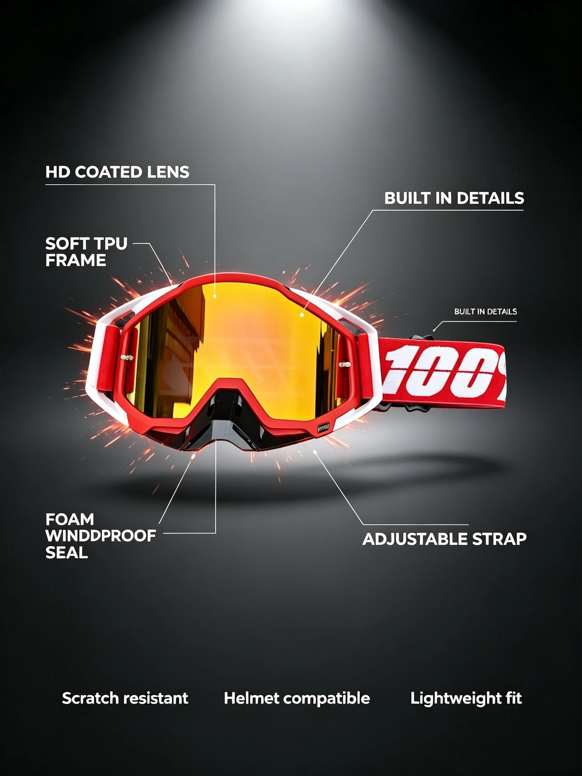 A close-up view of red off-road motorcycle goggles with a yellow lens, highlighting features like HD coated lens and soft TPU