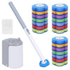 A disposable toilet brush kit featuring a long handle, a brush head, and a hands-free auto-open holder with colorful foam bri
