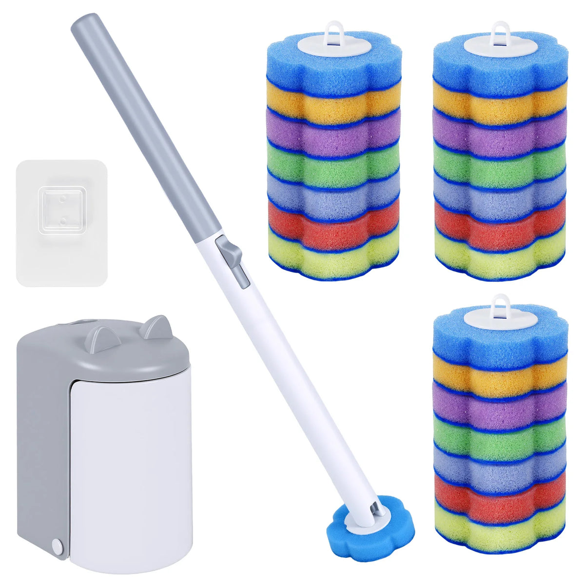 A disposable toilet brush kit featuring a long handle, a brush head, and a hands-free auto-open holder with colorful foam bri