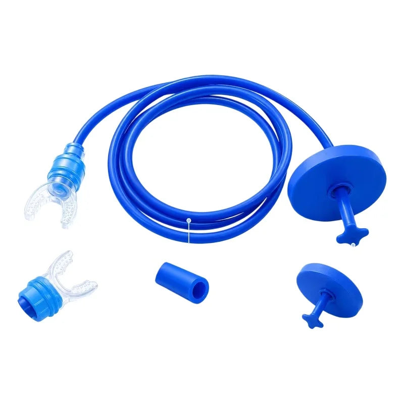 Blue ergonomic silicone snorkel featuring a flexible hose and mouthpiece.