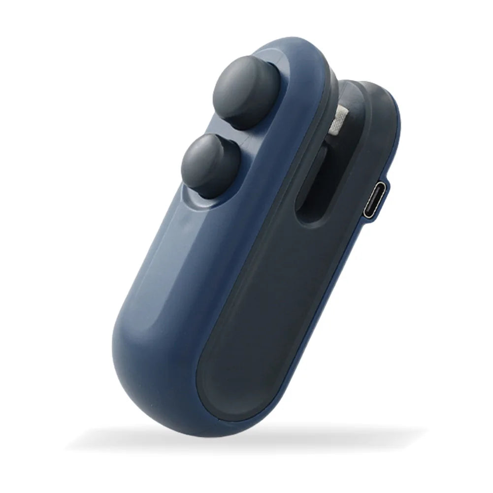 A dark blue portable 2-in-1 bag sealer and cutter device with three round buttons.