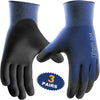 A pair of dark blue and black ultra-thin PU coated work gloves shown from the palm side.