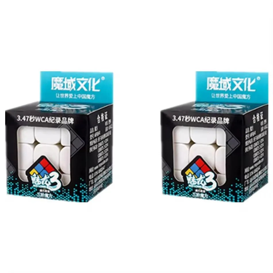 A box of MoYu MeiLong 3x3x3 stickerless speed cubes with Chinese text and branding.