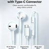 White wired earbuds with Type-C connectors shown alongside the plug and cable.