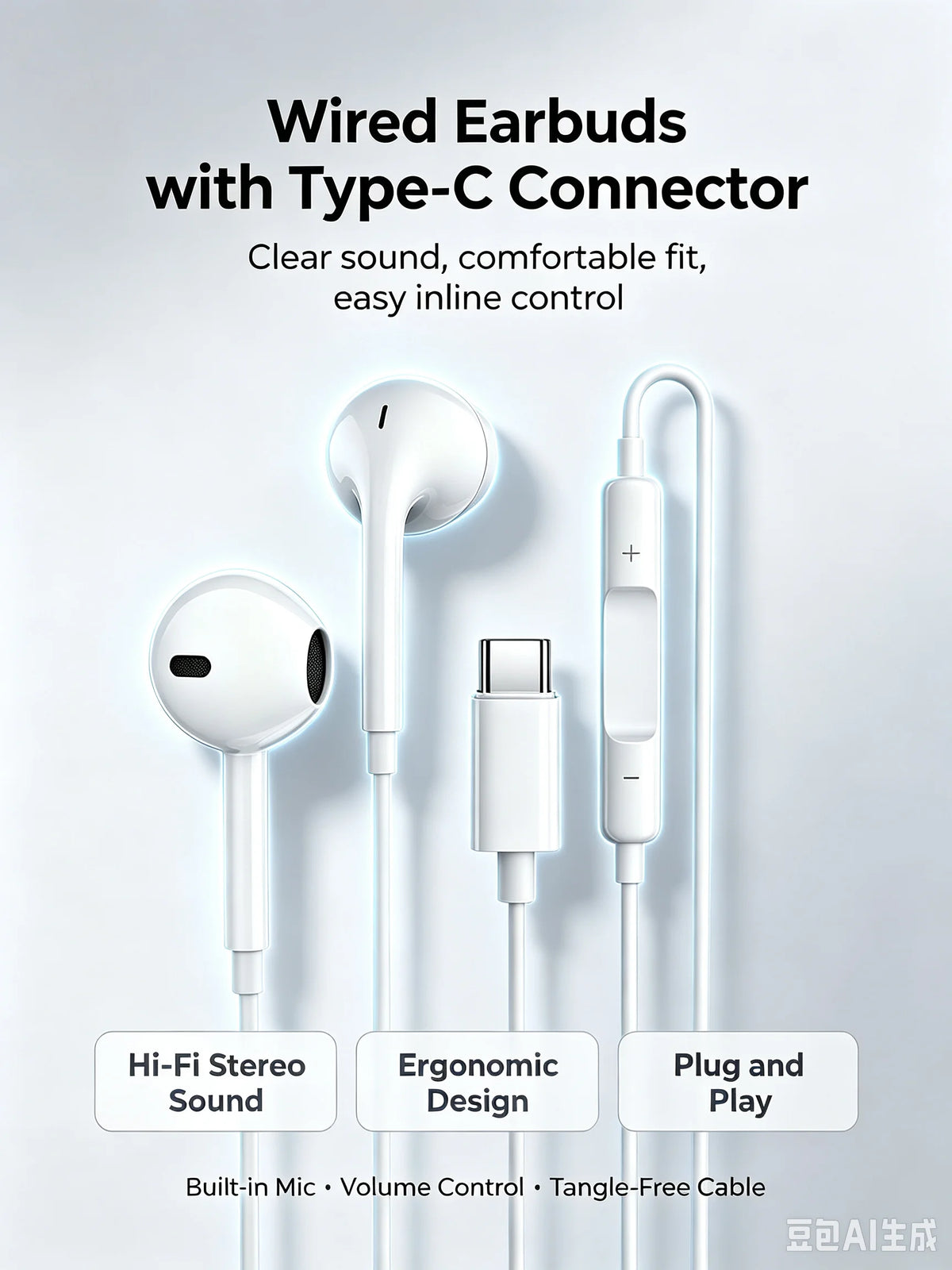 White wired earbuds with Type-C connectors shown alongside the plug and cable.